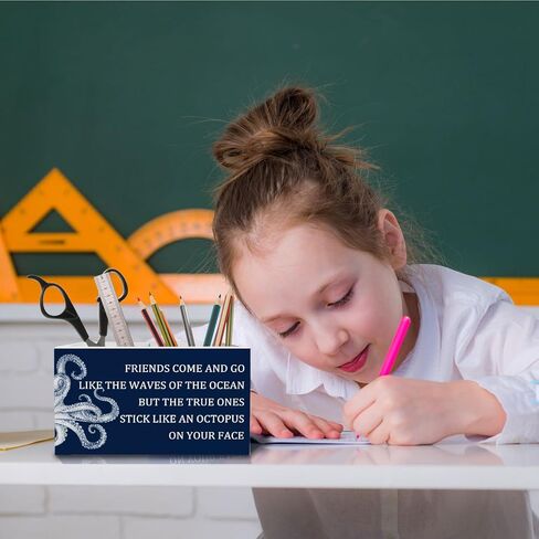 Funny Friend Gifts Pen Holder for Desk, Navy Blue Octopus Friends Come and Go Wooden Box Sign Desk Decor for Home Office Decoration, Friendship Gifts Pencil Organizer in Kuwait