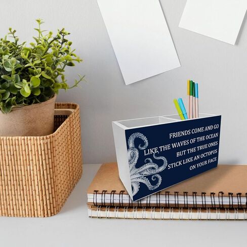 Funny Friend Gifts Pen Holder for Desk, Navy Blue Octopus Friends Come and Go Wooden Box Sign Desk Decor for Home Office Decoration, Friendship Gifts Pencil Organizer in Kuwait