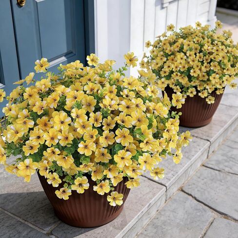 12 Bundles Artificial Morning Glory & Eucalyptus for Outdoor, Realistic Fake Silk Flower UV Resistant Faux Plant for Front Door Patio Garden Farmhouse Decor (Yellow) in Saudi Arabia