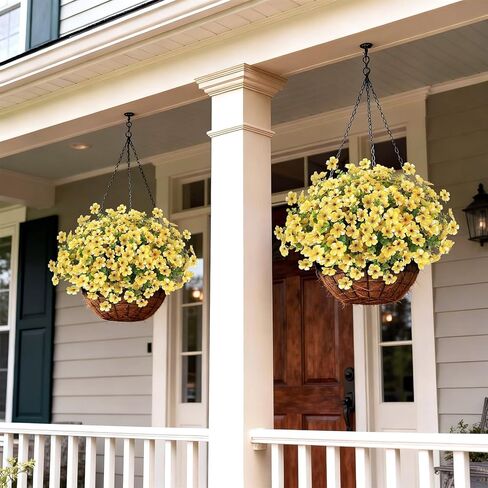 12 Bundles Artificial Morning Glory & Eucalyptus for Outdoor, Realistic Fake Silk Flower UV Resistant Faux Plant for Front Door Patio Garden Farmhouse Decor (Yellow) in Saudi Arabia