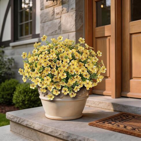 12 Bundles Artificial Morning Glory & Eucalyptus for Outdoor, Realistic Fake Silk Flower UV Resistant Faux Plant for Front Door Patio Garden Farmhouse Decor (Yellow) in Saudi Arabia