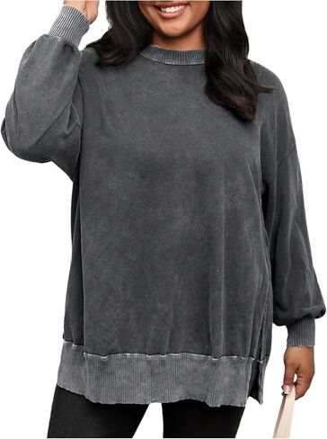 SHENHE Women's Plus Size Tunic Sweatshirts Slit Crew Neck Long Sleeve Drop Shoulder Long Sweatshirts in Saudi Arabia