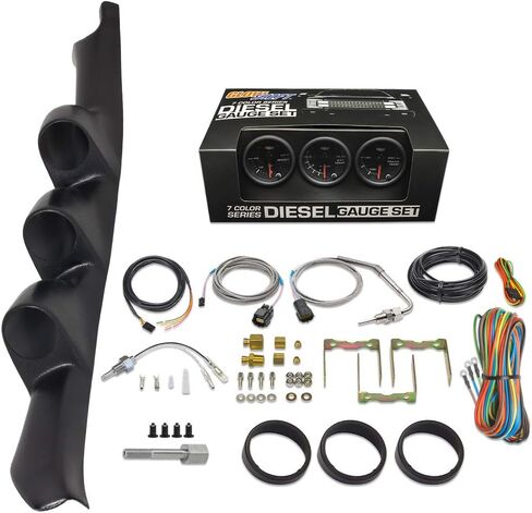 GlowShift Diesel Gauge Package Compatible with Chevrolet Chevy C/K 2500 3500 1995-1998 - Black 7 Color 60 PSI Boost, 1500 F Pyrometer EGT & Transmission Temperature Gauges - Black Triple Pillar Pod in Saudi Arabia