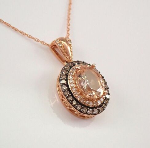 قلادة نسائية بيضاوية الشكل 3.00 قيراط من مورغانيت الخوخ والألماس البني والأبيض مع سلسلة 18 بوصة مطلية بالذهب الوردي عيار 14 قيراط 925 فضي in Kuwait