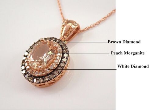 قلادة نسائية بيضاوية الشكل 3.00 قيراط من مورغانيت الخوخ والألماس البني والأبيض مع سلسلة 18 بوصة مطلية بالذهب الوردي عيار 14 قيراط 925 فضي in Kuwait