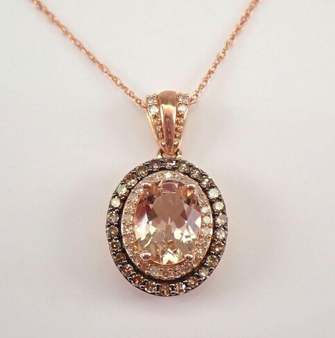 قلادة نسائية بيضاوية الشكل 3.00 قيراط من مورغانيت الخوخ والألماس البني والأبيض مع سلسلة 18 بوصة مطلية بالذهب الوردي عيار 14 قيراط 925 فضي in Kuwait