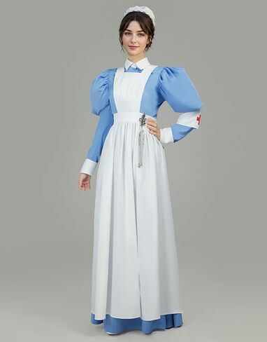فستان تنكري لممرضة الحرب العظيمة للنساء من Cosplay.fm، قميص وتنورة للممرضة الفيكتورية التاريخية، مجموعة كاملة من الزي الفاخر in Saudi Arabia