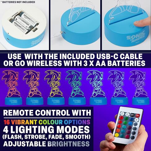 Get Trend Sonic The Hedgehog LED Acrylic Night Light, 16 Color Modes, USB or Battery Powered with Remote Control, Gamer Bedroom Decor, Gifts for Boys (Multi Sonic) in Saudi Arabia