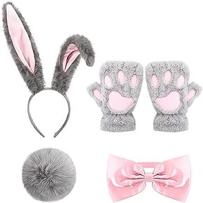 4 Pcs Bunny Costume for Adult, Gray Ears and Tail with Pink Bow Tie Collar and Gloves, Bunny Costume Accessories for Easter Rabit Costume Party in Kuwait