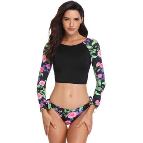 Qianmome Women's Sexy Long Sleeve Backless Printing Bikini Two Piece Swimsuit with Triangular Swimming Trunks in Saudi Arabia