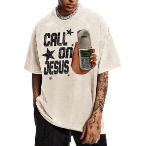 Christian Call On Jesus Shirts for Men Funny Graphic Tees Oversized Religious Shirt Jesus Faith Acid Wash Tshirt in Kuwait