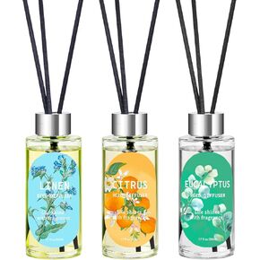 مجموعة ناشرات روائح القصب مكونة من 3 قطع، ناشرات زيوت برائحة الأوكالبتوس والكتان والحمضيات مع 15 قصبة، عطر منزلي طويل الأمد لديكور غرفة النوم والحمام، 1.7 أونصة سائلة لكل منها، إجمالي 5.1 أونصة in Kuwait