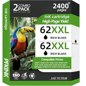 خراطيش حبر 62XXL بديلة للحبر 62، 62xl خراطيش الحبر الأسود المتوافقة مع Envy 5540 7640 5640 5660 7644 7645 7643 OfficeJet 5740 8040 5745 (2 أسود) in Kuwait