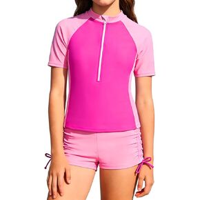 Girls 2 Piece Rash Guard Swimsuit Short Sleeve Padded Zipper Shirt with Ruched Drawstring Shorts 7-16Y in Kuwait