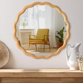 PERFNIQUE Scalloped Round Mirror 24", Wood Framed Nursery Wall Mirror with Tempered Glass, Decorative Wavy Edge Circle Mirror for Bedroom, Entryway or Living Room in Kuwait