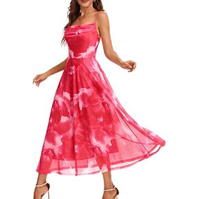 DRESSTELLS Floral Wedding Guest Dress with Adjustable Strap, Stretchy Aline Spring Easter Mesh Dresses, Fully Lined, S-XL in Kuwait