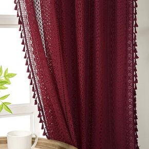 Boho Burgundy Curtains for Bedroom Living Room Window Drapes,Rod Pocket Cotton Blend Crochet Lace Privacy Light Filtering Wine Red Curtain Drapes Decor,Set of 2,59" W x 63" L in Kuwait