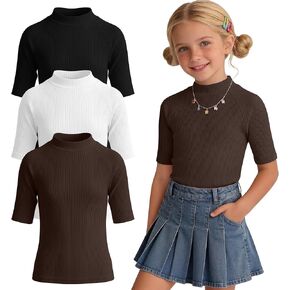 3 Pack Girls' Mock Turtleneck Tops Ribbed Knit Half Sleeve Shirts Slim Fit Solid Basic Tees for Kids Summer in Kuwait