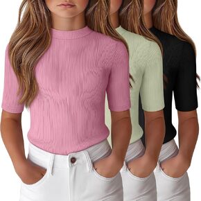 3 Pack Girl's Shirts Half Sleeve Slim Fit Ribbed Tops Kids Lightweight Mock Turtleneck Summer Spring Tees 5-16 Years in Kuwait