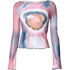 Fairy Grunge Graphic Print Long Sleeve Top Y2K Mesh Tops Aesthetic One Shoulder T-Shirt Top Crewneck Crop Tops in Kuwait