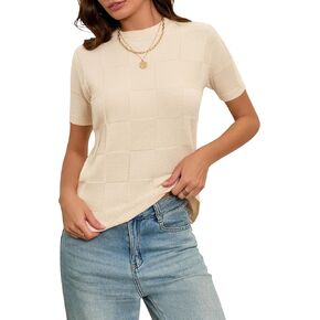 Cakulo Womens Short Sleeve Knit Sweater Checkered Business Casual Work Tops 2026 Spring Summer Vacation Outfits Apricot L in Kuwait
