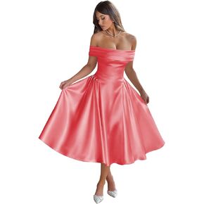 BOLENSYE Off The Shoulder Satin Bridesmaid Dresses Tea Length A Line Formal Ball Gown Midi Wedding Guest Dress in Kuwait