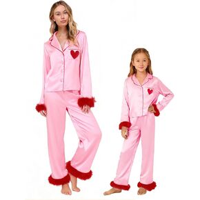 Seyurigaoka Mommy and Me Valentines Pajamas Set 2 Piece Satin Silk Feather Trim Heart Pjs for Mom Daughter Women Girl in Kuwait
