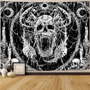 kampdream نسيج الجمجمة القوطية، أبيض وأسود الظلام شيطان الرعب الجمالية المفروشات الجدار شنقا لغرفة المعيشة النوم، 44x60 بوصة in Kuwait