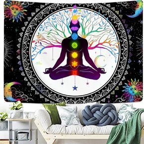 FENDROM Sun And Moon Seven Chakra Yoga Meditation Wall Hanging - Colorful Life Tree Mandala Indian Hippie Chakra Tapestry for Studio Room Bedroom College Dorm Decor in Kuwait
