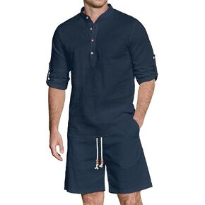 JEMLDL Men's 2 Piece Linen Cotton Set Casual Long Sleeve Cuban Henley Shirt & Shorts Summer Beach Vacation Outfits in Kuwait