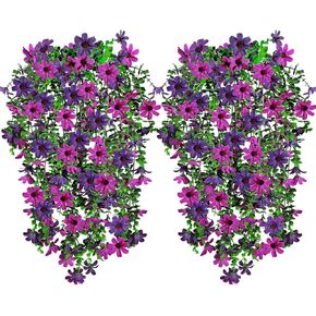 4 قطع نباتات زهور صناعية معلقة للديكور الخارجي، ديزي صناعي مع أوراق الأوكالبتوس مقاومة للبهتان، كرمة طويلة للباب الأمامي، شرفة، فناء (أرجواني فاتح وردي) in Kuwait