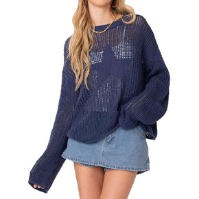 كنزة صوفية كروشيه متماسكة على شكل نجمة عتيقة - بلوزة نسائية فضفاضة غير رسمية مجوفة من Smock Grunge ملابس الشارع الشهير in Kuwait