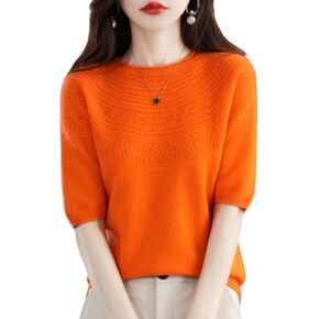 كنزة صوف ميرينو 100% للنساء لربيع وصيف بأكمام قصيرة بلوفر مغزول ورقبة دائرية سترة فضفاضة رفيعة (WQ020) in Kuwait