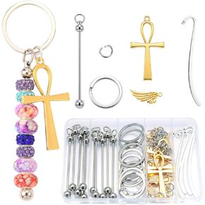 10 Pcs Beadable Bookmark Making kit Blanks DIY Metal Bookmarks with 5 Gold Cross & 5 Gold Wing Charms, Beaded Craft Jewelry Making Kit for Book Lovers, Includes Storage Box in Saudi Arabia