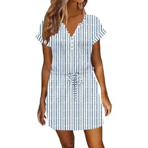 ETCYY Womens Summer Dresses 2026 Sundresses Beach Vacation Drawstring Waist Tshirt Short Sleeve Dress with Pockets in Kuwait