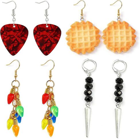 4 أزواج من الأقراط الرجعية المخيفة مجموعة جيتار بيك متدلية وافل سحر قطرات ملونة لمبة ضوء قوطي سبايك مطرز أقراط موسيقى الروك إكسسوارات هدية للرجال والنساء in Kuwait