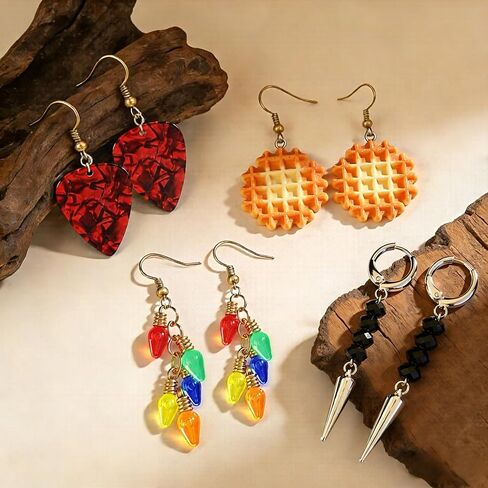 4 أزواج من الأقراط الرجعية المخيفة مجموعة جيتار بيك متدلية وافل سحر قطرات ملونة لمبة ضوء قوطي سبايك مطرز أقراط موسيقى الروك إكسسوارات هدية للرجال والنساء in Kuwait