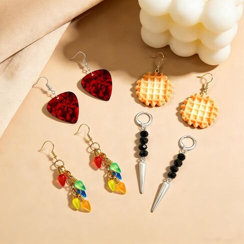 4 أزواج من الأقراط الرجعية المخيفة مجموعة جيتار بيك متدلية وافل سحر قطرات ملونة لمبة ضوء قوطي سبايك مطرز أقراط موسيقى الروك إكسسوارات هدية للرجال والنساء in Kuwait