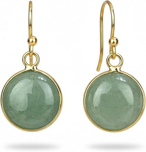 Jade Earrings, Gold Plated Round Green Stone Earrings for Women, Handmade Natural Crystal Birthstone Dangle Earrings Jewelry in Kuwait