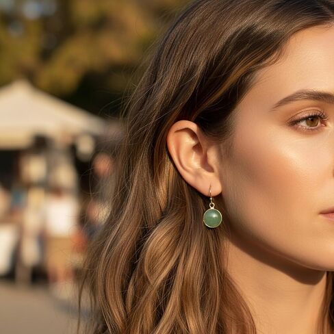 Jade Earrings, Gold Plated Round Green Stone Earrings for Women, Handmade Natural Crystal Birthstone Dangle Earrings Jewelry in Saudi Arabia
