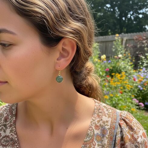 Jade Earrings, Gold Plated Round Green Stone Earrings for Women, Handmade Natural Crystal Birthstone Dangle Earrings Jewelry in Saudi Arabia
