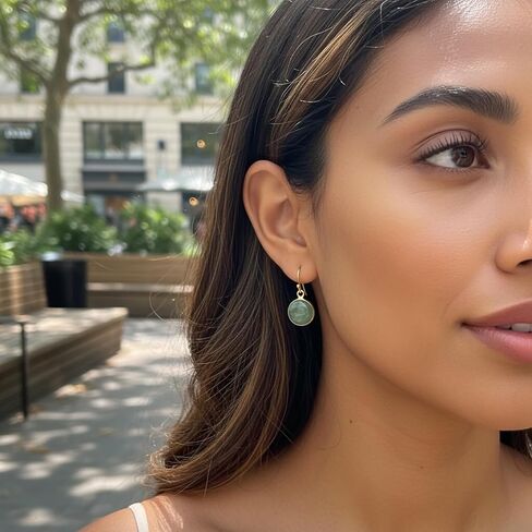 Jade Earrings, Gold Plated Round Green Stone Earrings for Women, Handmade Natural Crystal Birthstone Dangle Earrings Jewelry in Saudi Arabia