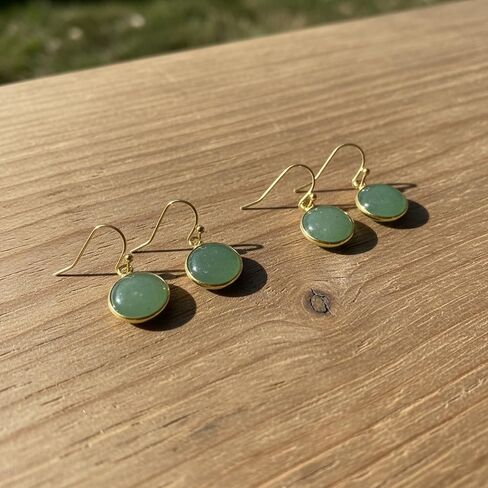 Jade Earrings, Gold Plated Round Green Stone Earrings for Women, Handmade Natural Crystal Birthstone Dangle Earrings Jewelry in Saudi Arabia