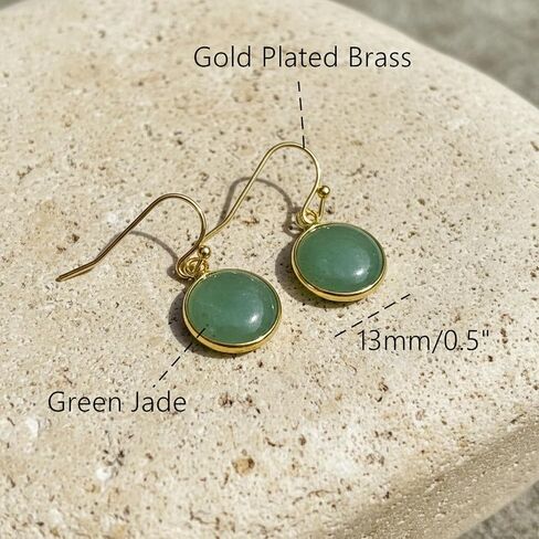 Jade Earrings, Gold Plated Round Green Stone Earrings for Women, Handmade Natural Crystal Birthstone Dangle Earrings Jewelry in Saudi Arabia