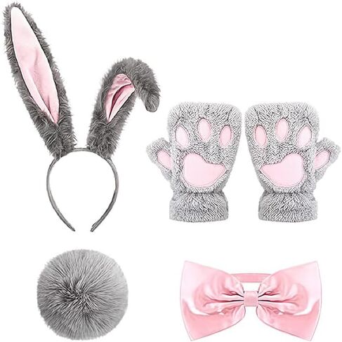 4 Pcs Bunny Costume for Adult, Gray Ears and Tail with Pink Bow Tie Collar and Gloves, Bunny Costume Accessories for Easter Rabit Costume Party in Kuwait