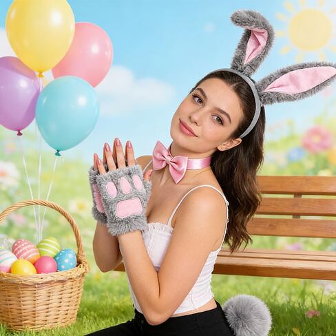 4 Pcs Bunny Costume for Adult, Gray Ears and Tail with Pink Bow Tie Collar and Gloves, Bunny Costume Accessories for Easter Rabit Costume Party in Kuwait