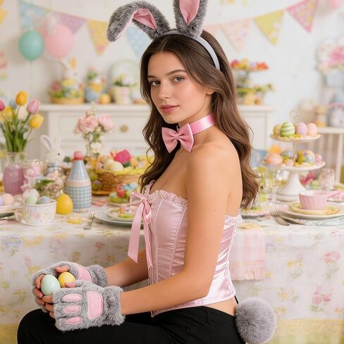 4 Pcs Bunny Costume for Adult, Gray Ears and Tail with Pink Bow Tie Collar and Gloves, Bunny Costume Accessories for Easter Rabit Costume Party in Kuwait