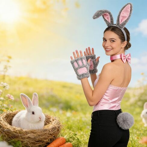 4 Pcs Bunny Costume for Adult, Gray Ears and Tail with Pink Bow Tie Collar and Gloves, Bunny Costume Accessories for Easter Rabit Costume Party in Kuwait