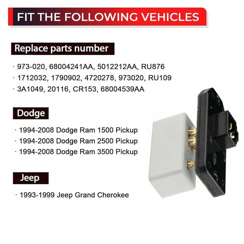 HVAC Fan Blower Motor Resistor 4720278 Compatible with Dodge Ram 1500 2500 3500 Pickup, Jeep Grand Cherokee 1994-2008 Direct Fit AC Heater Fan Resistor Replaces 973-020 68004241AA 5012212AA in Kuwait