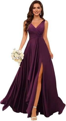 Satin Pleated Bridesmaid Dresses Long for Women V Neck Ruffle Formal Wedding Guest Dress with Slit in Saudi Arabia